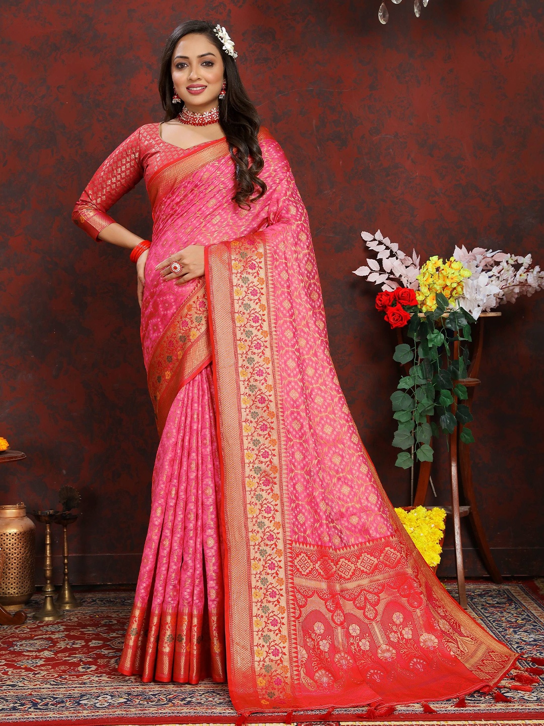 

Zeekha Ethnic Motifs Woven Design Zari Pure Silk Kanjeevaram Saree, Pink