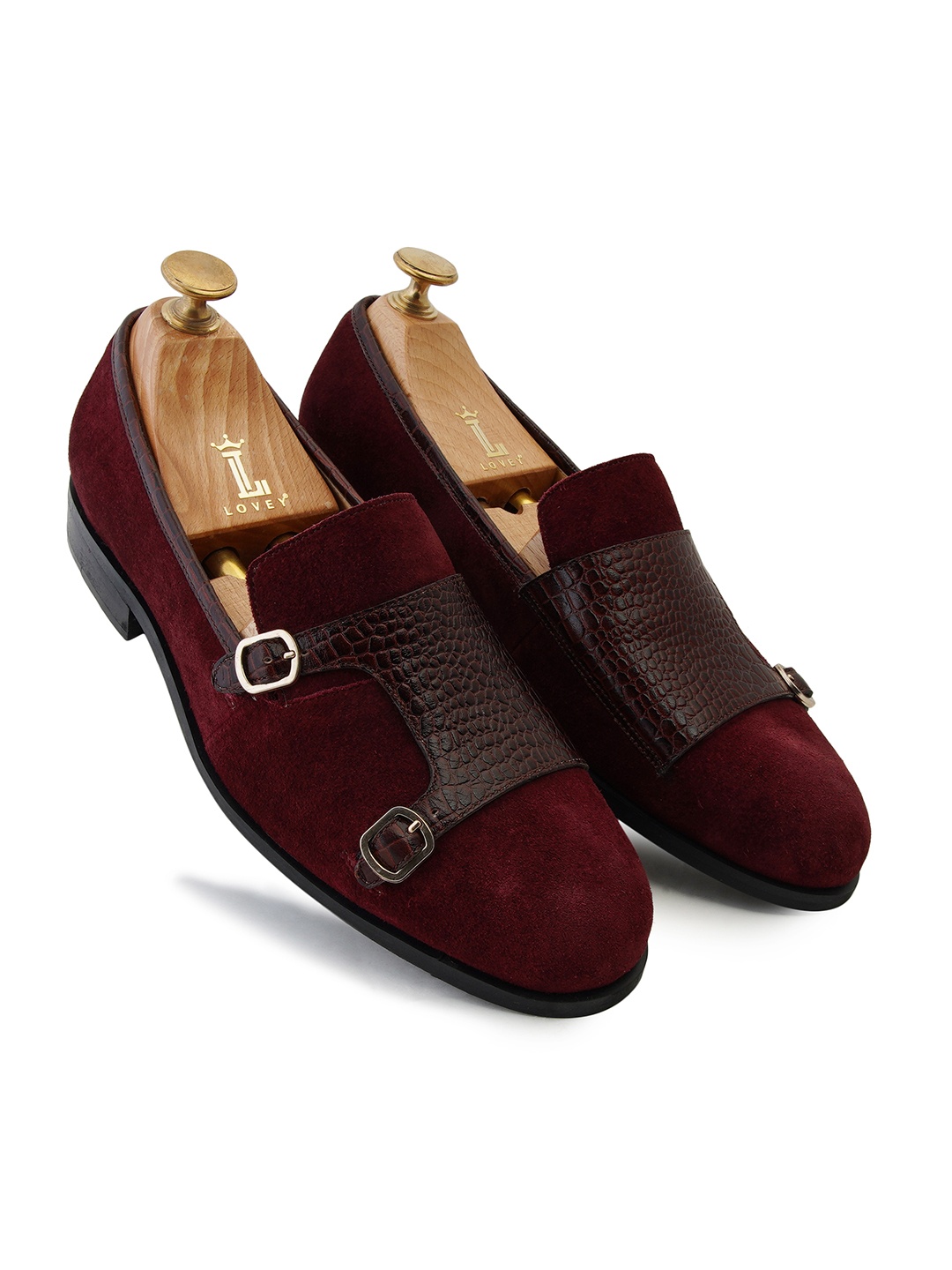 

LOVEY Men Perforations Leather Monks, Maroon