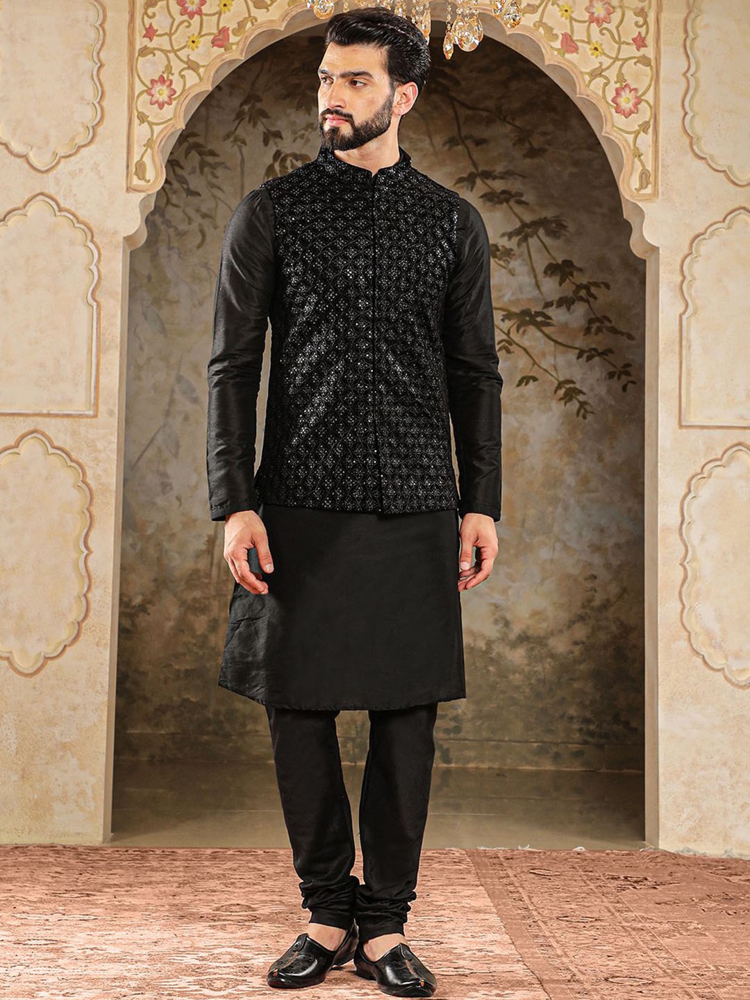 

HOUSE OF DEYANN Straight Kurta with Churidar & Embroidered Nehru Jacket, Black