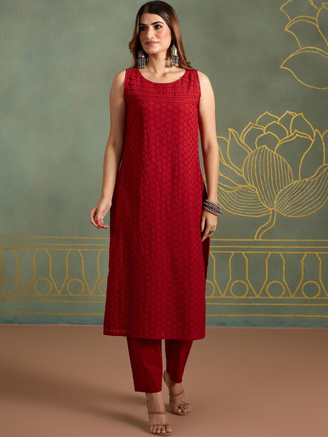 

Likha Schiffli Self Design Regular Pure Cotton Straight Kurta with Trousers, Red