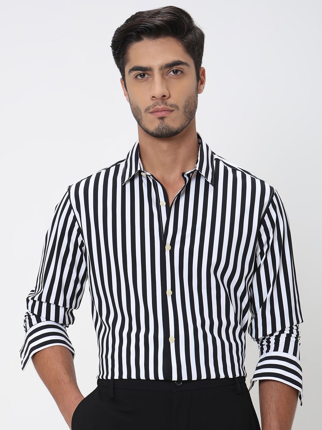 

Mufti Men Spread Collar Vertical Striped Slim Fit Casual Shirt, Black