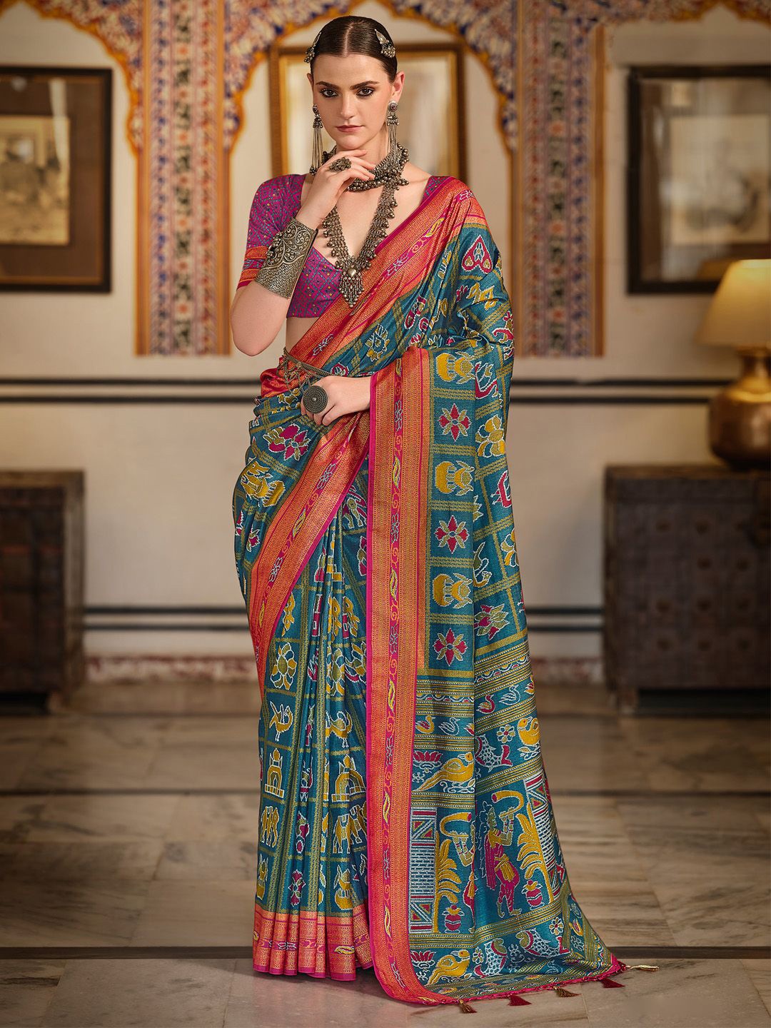 

Anouk Printed Ethnic Motifs Zari Silk Blend Patola Saree, Blue