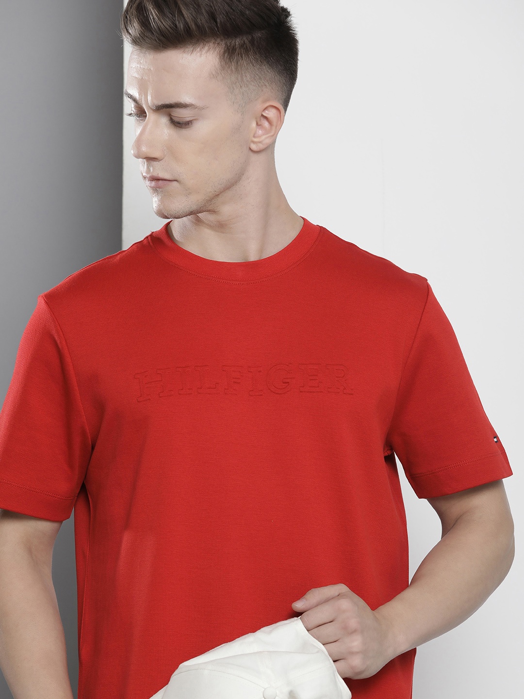 

Tommy Hilfiger Round Neck Embossed Casual T-shirt, Red