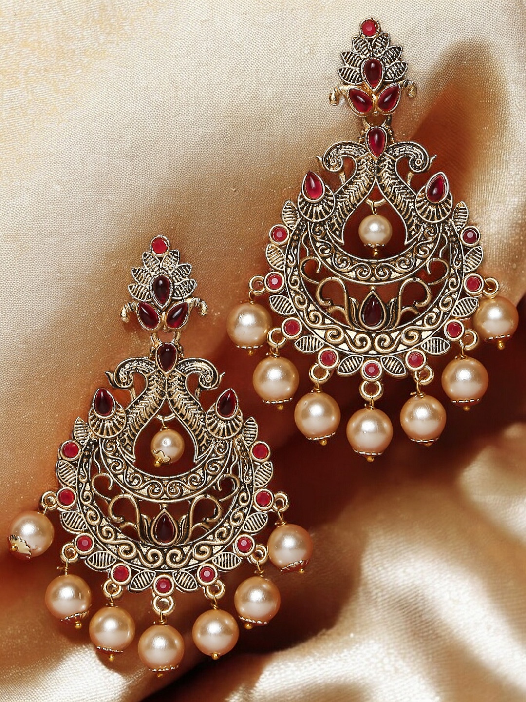 

OOMPH Artificial Stones Studded and Beaded Contemporary Drop Earrings, Red