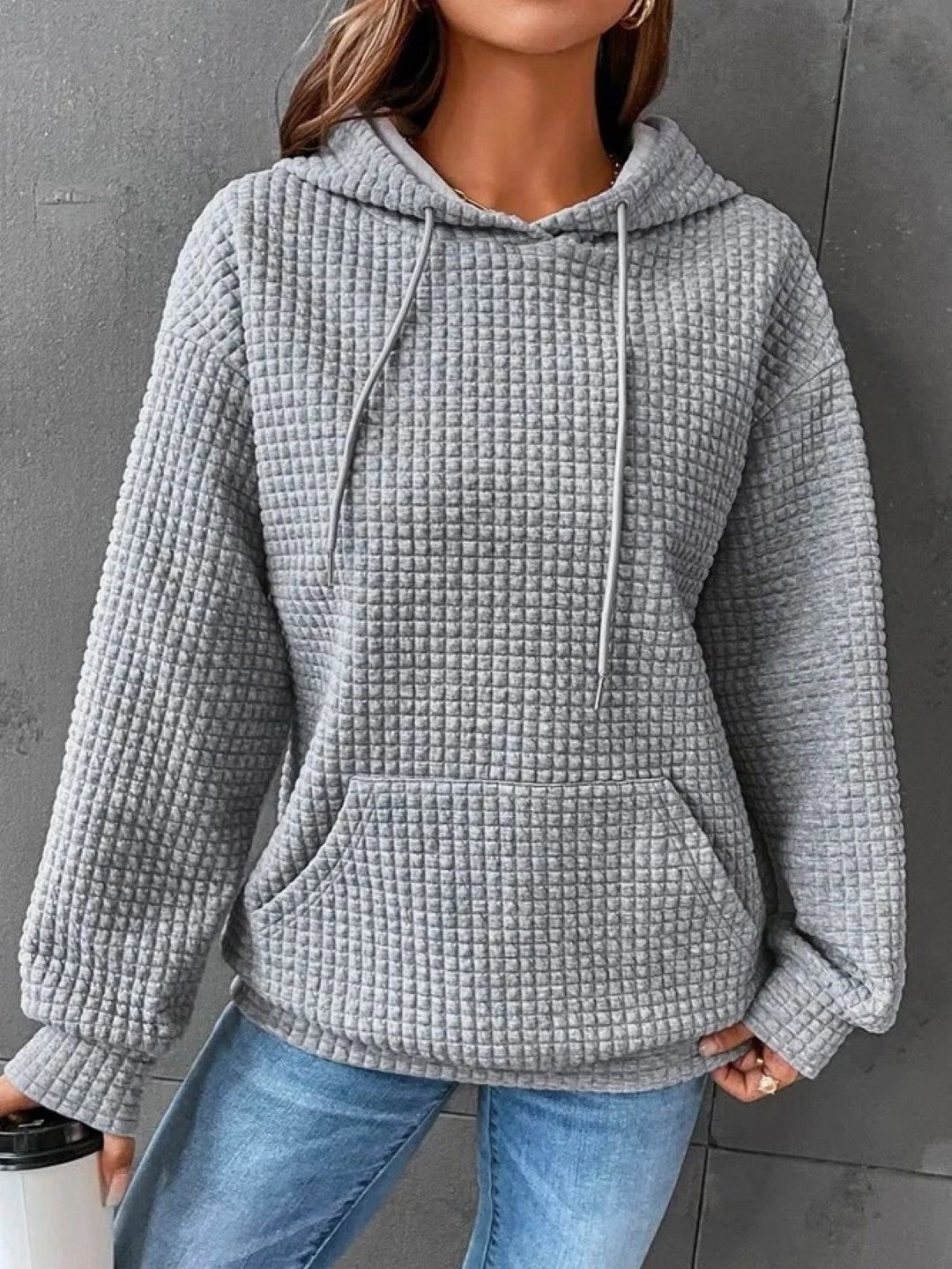 

KPOP Women Self Design Hood Pullover Sweatshirt, Grey