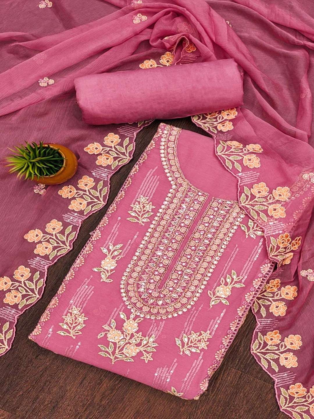 

Peachmode Floral Embroidered Sequinned Silk Chiffon Unstitched Dress Material, Pink