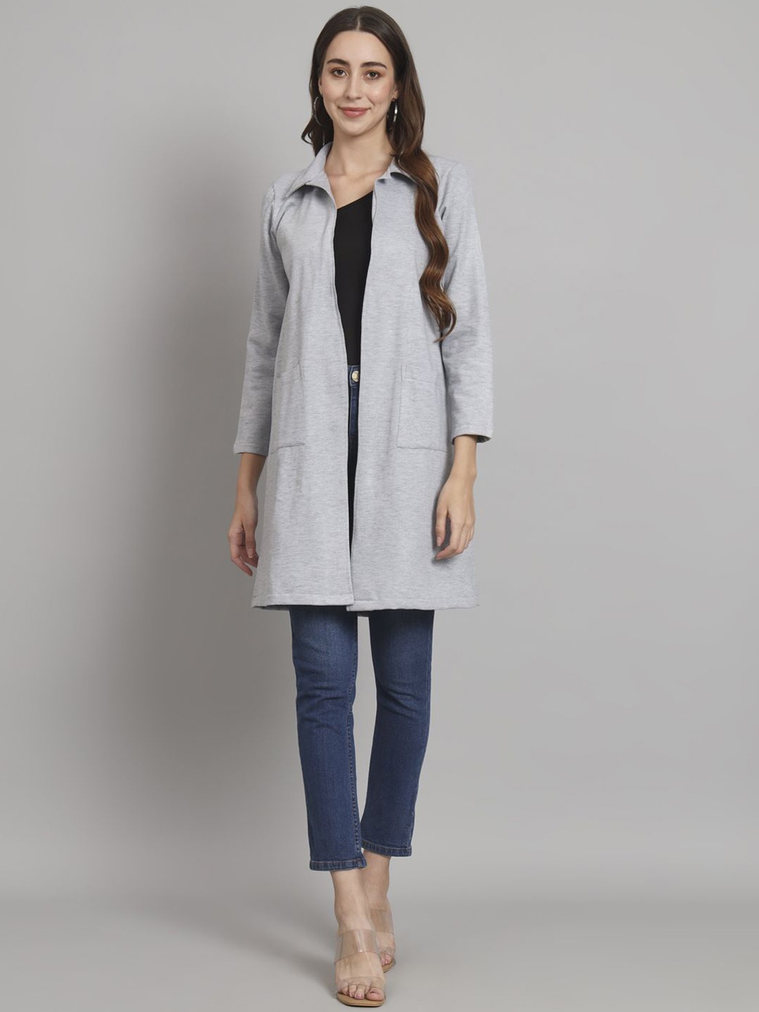 

Curvydrobe Women Fleece Longline Open Front Jacket, Grey