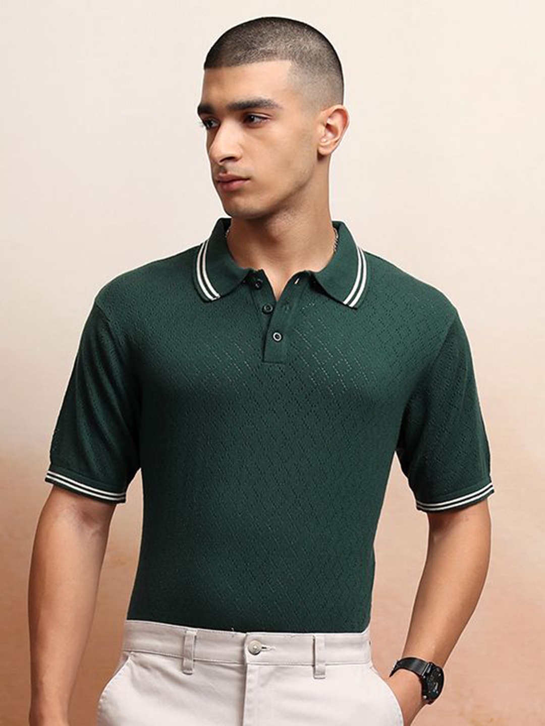 

Highlander Men Knitted Textured Polo Collar T-shirt, Green