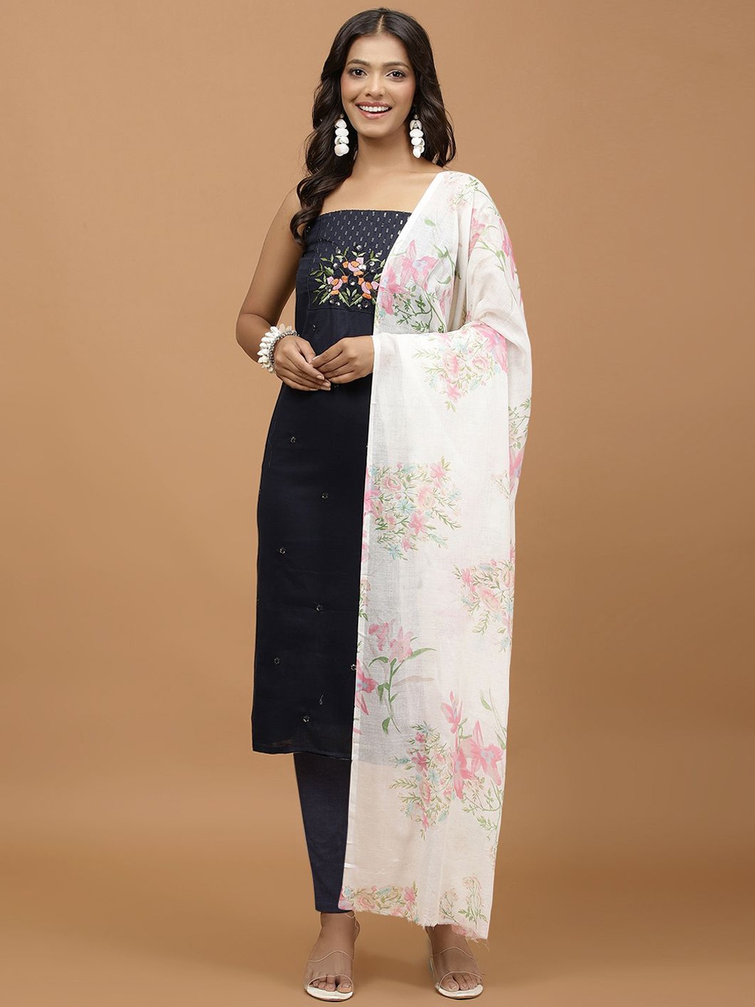 

Meena Bazaar Floral Embroidered Sequinned Unstitched Dress Material, Navy blue