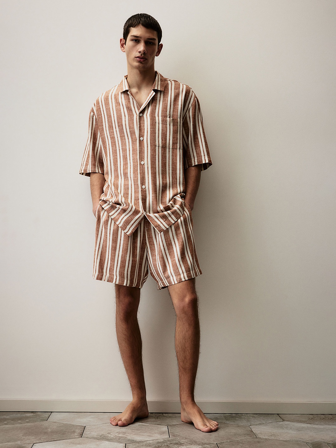 

H&M Striped Shirt & Shorts Night Suits, Brown