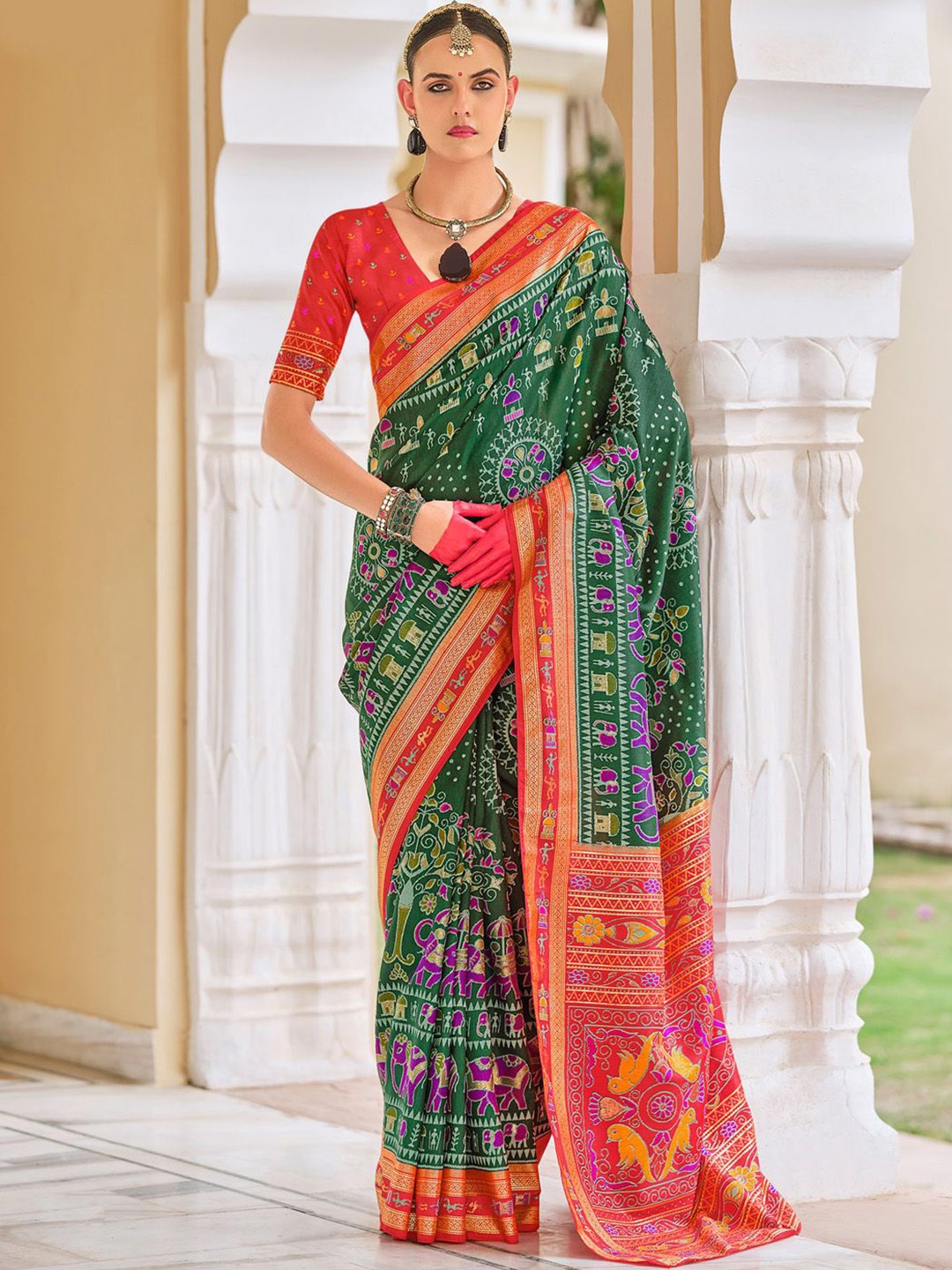 

Anouk Warli Zari Silk Blend Patola Saree, Green