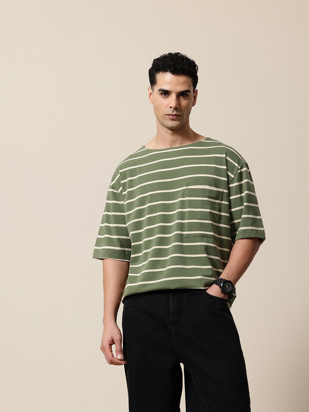 

Mr Bowerbird Striped Drop-Shoulder Sleeves Oversized Pockets T-shirt, Olive