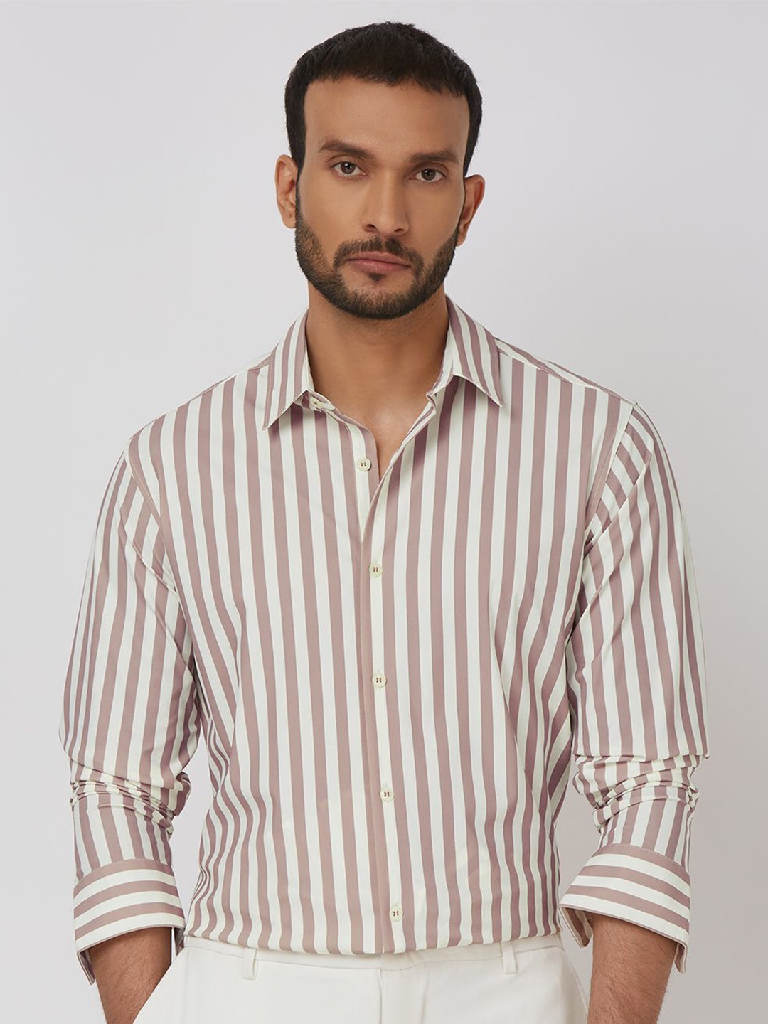 

Mufti Men Spread Collar Vertical Stripes Checked Nylon Slim Fit Casual Shirt, Pink