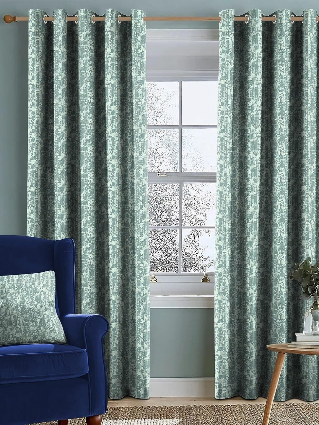 

Nefertiti Home Sea Green Set of 2 Floral Black Out Long Door Curtain