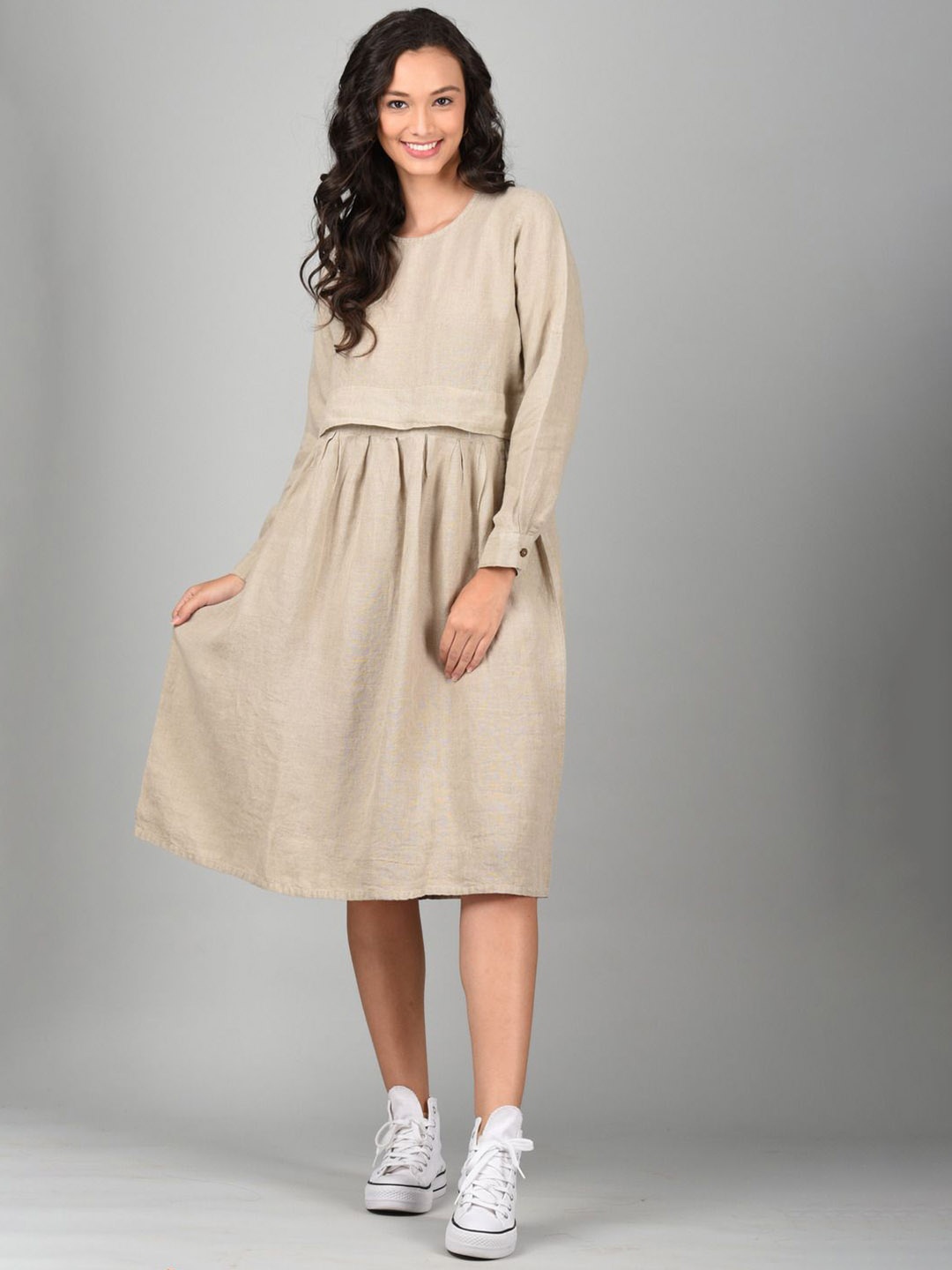 

Linen Options Boat Neck Cuffed Sleeves Long Skirt Fit and Flare Dress, Beige