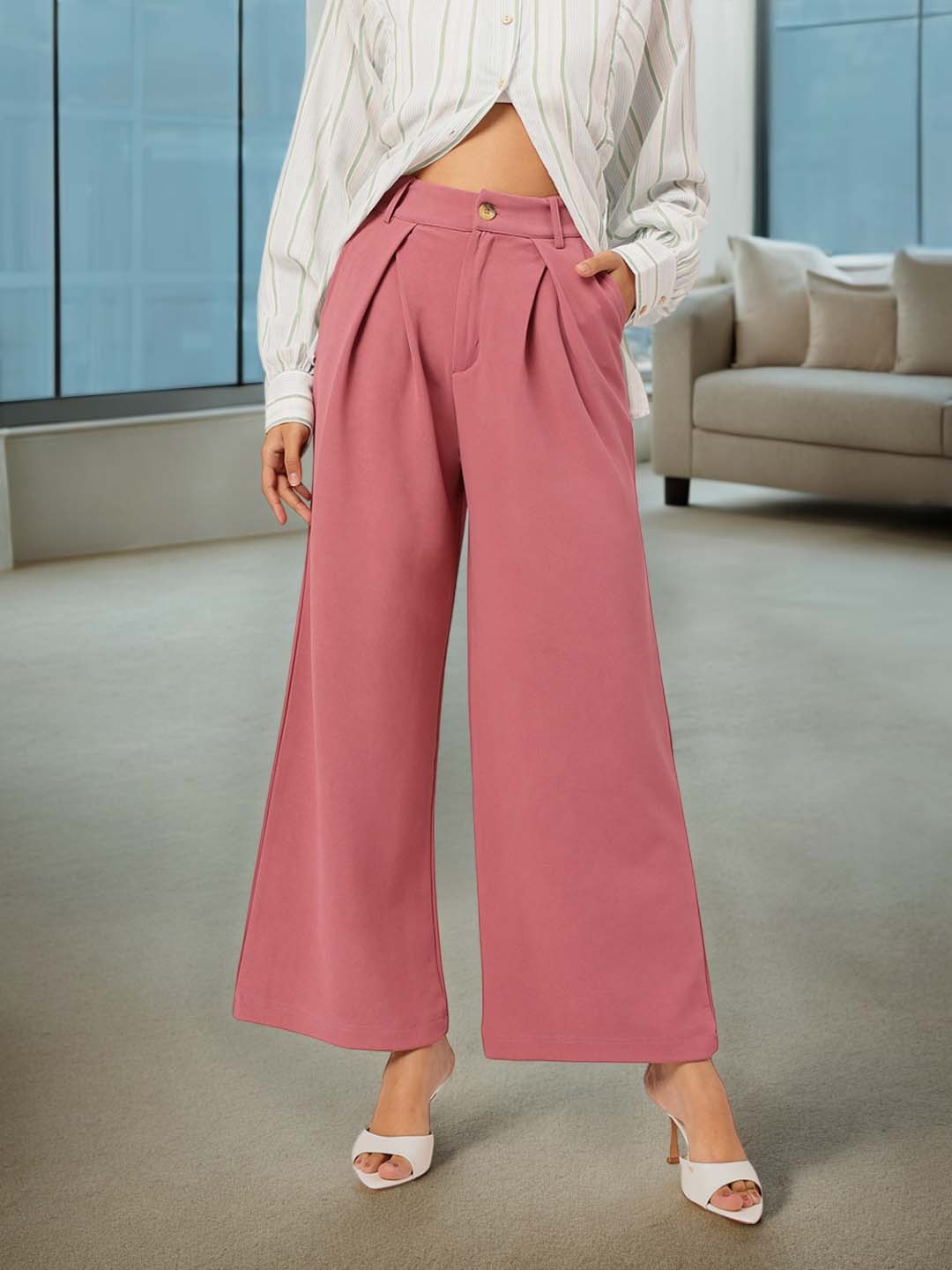 

DressBerry Women Power Play High-Rise Pleated Flared Formal Trousers, Rose