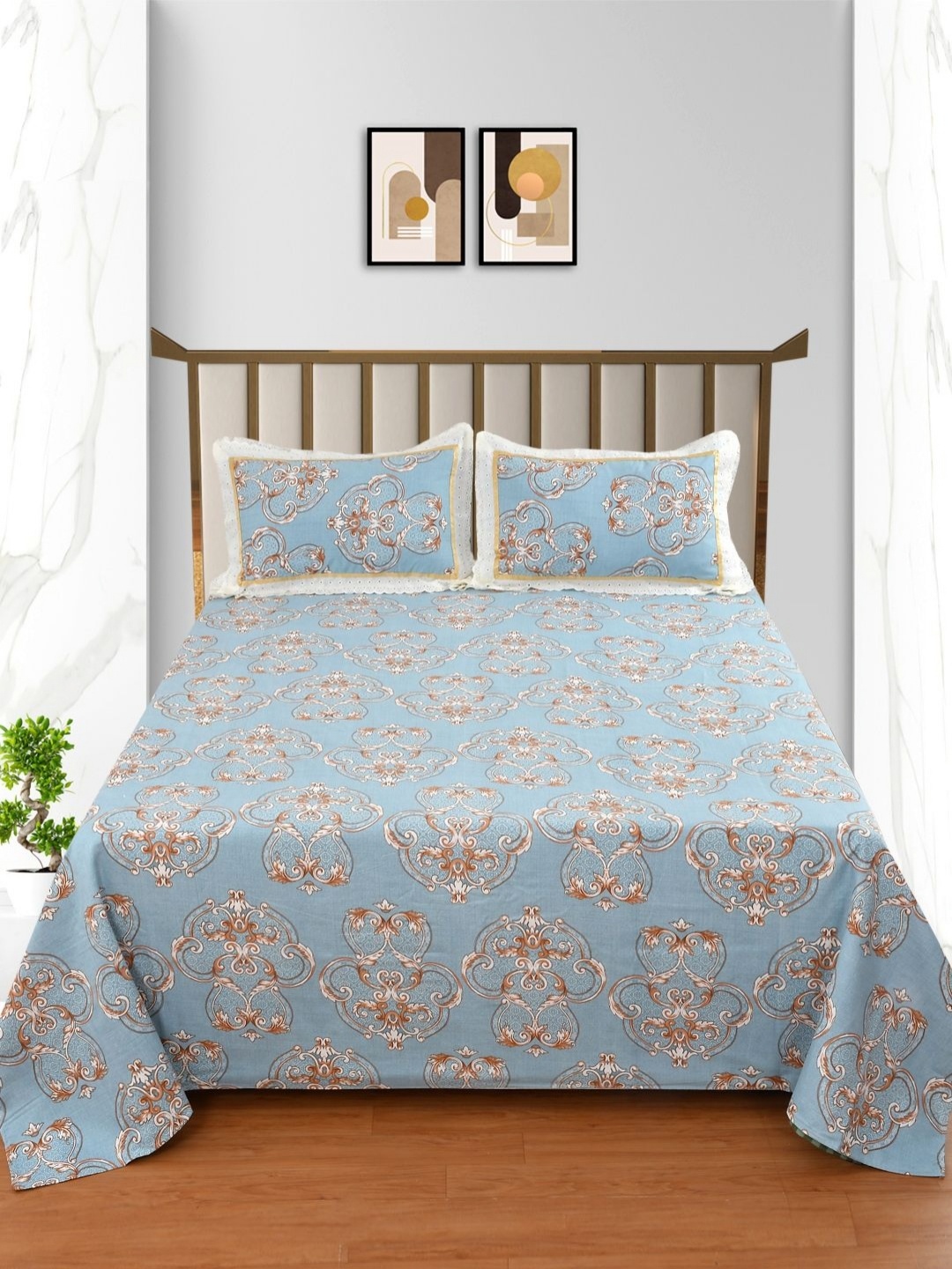 

Bromwick Blue Floral 250 TC King Bedsheet with 2 Pillow Covers