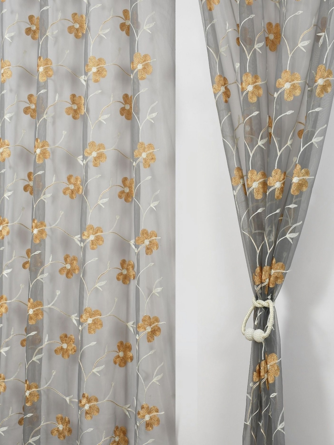 

Aura Grey & Beige Set of 2 Embroidered Sheer Long Door Curtain