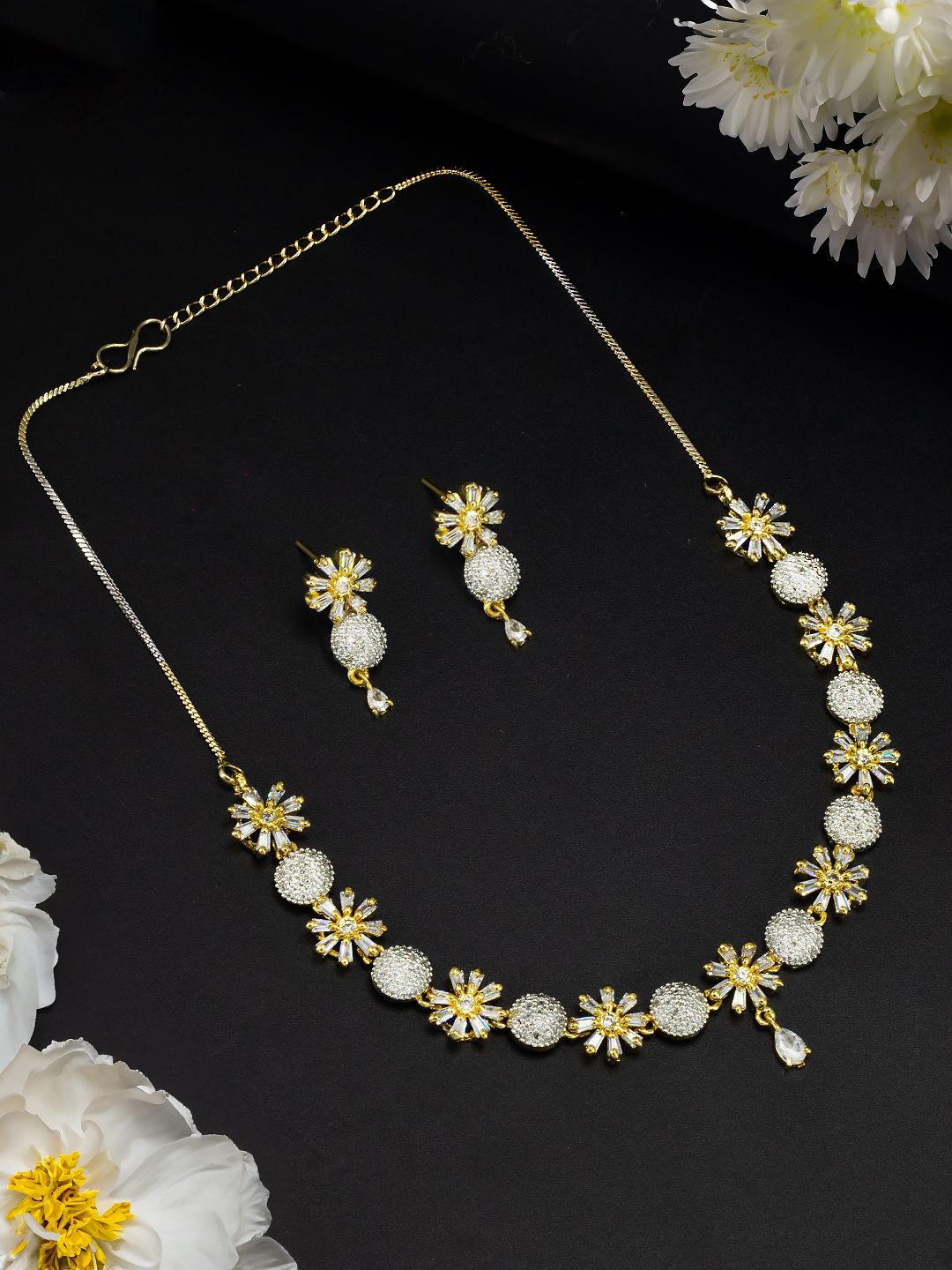 

PRIVIU Gold-Plated Floral American Diamond Studded Jewellery Set