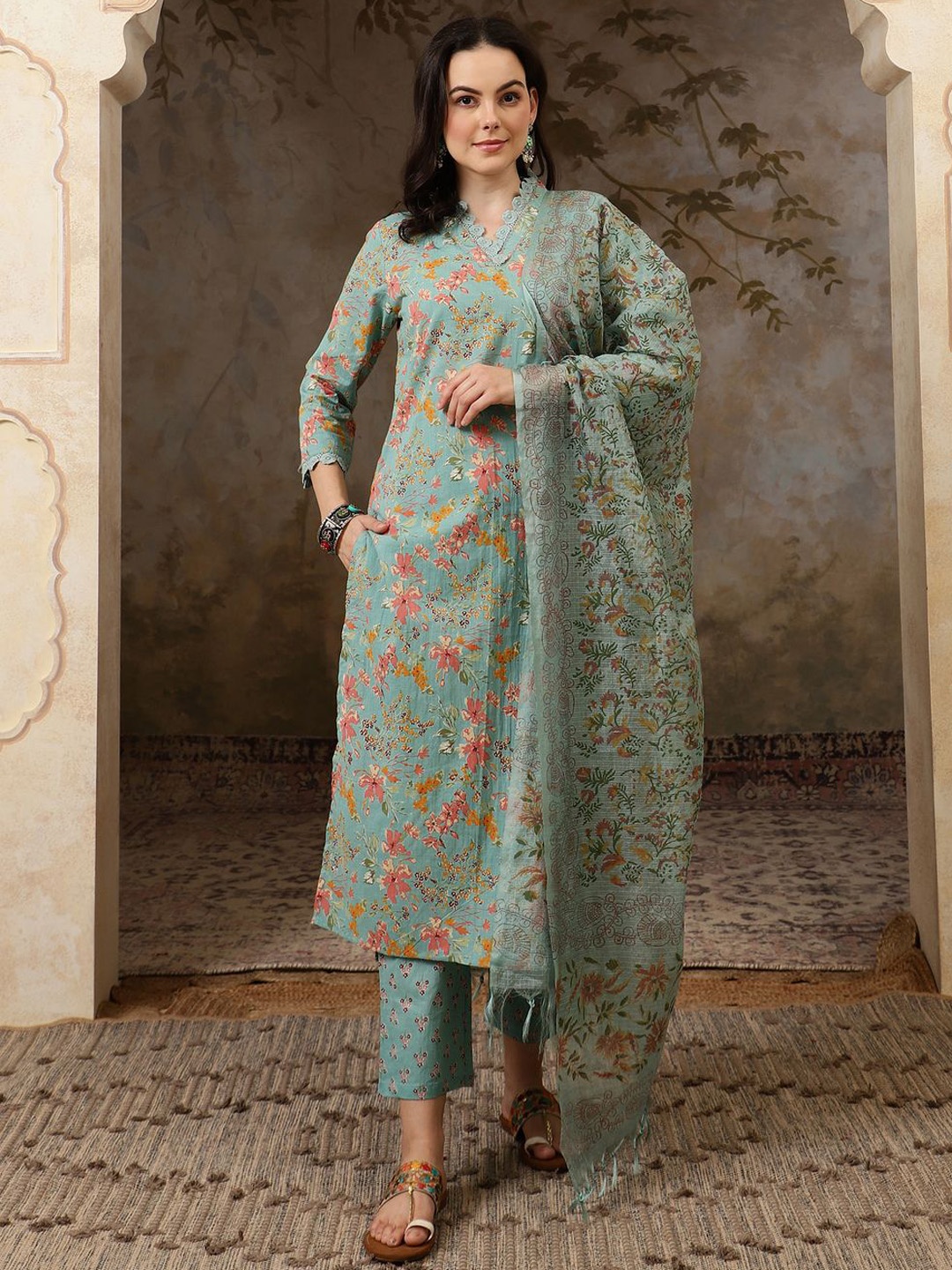 

Sangria Floral Printed Pure Cotton Straght Kurta & Trouser With Dupatta, Sea green