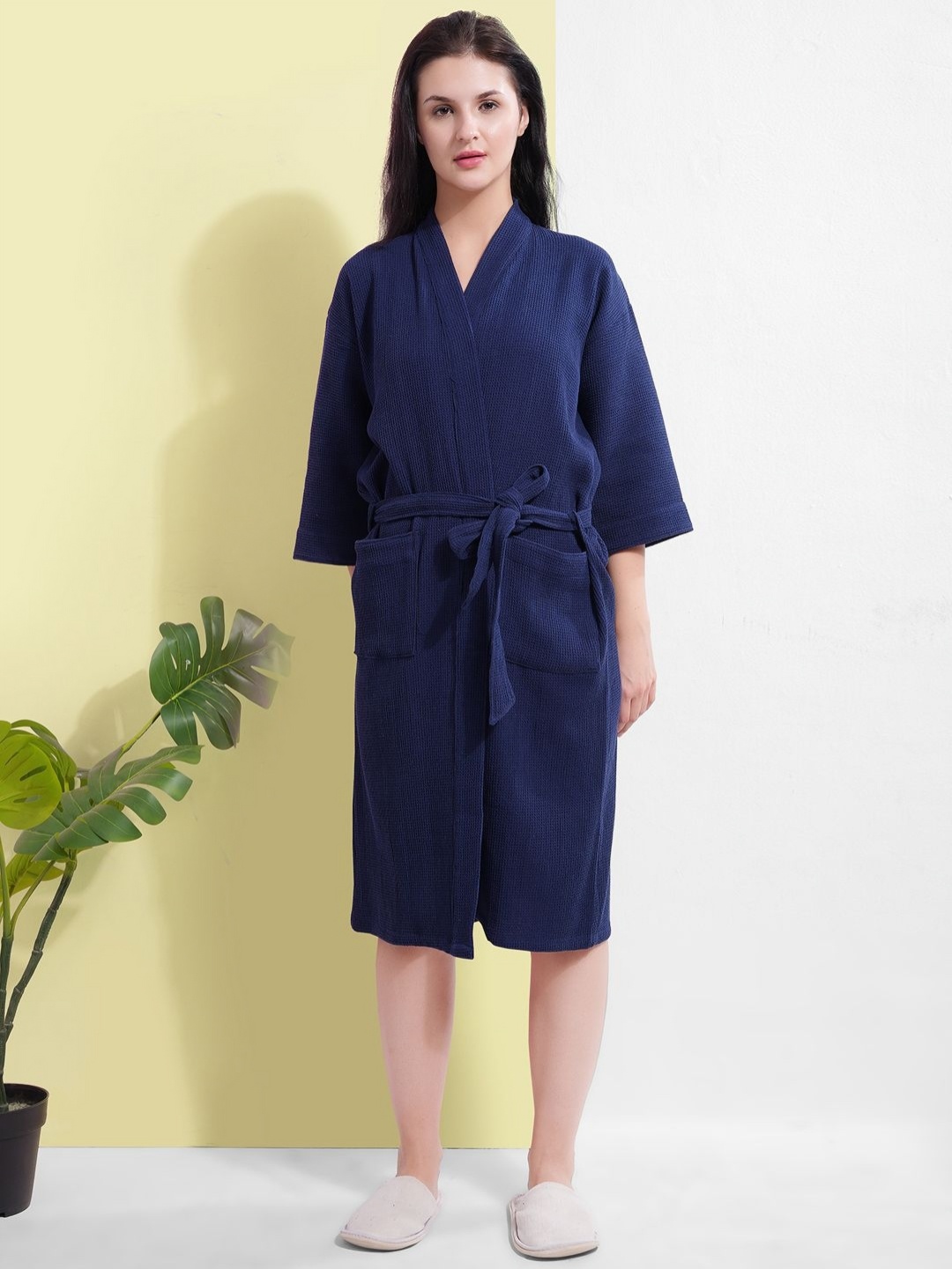 

HotGown Waffle Bath Robe With Belt, Navy blue