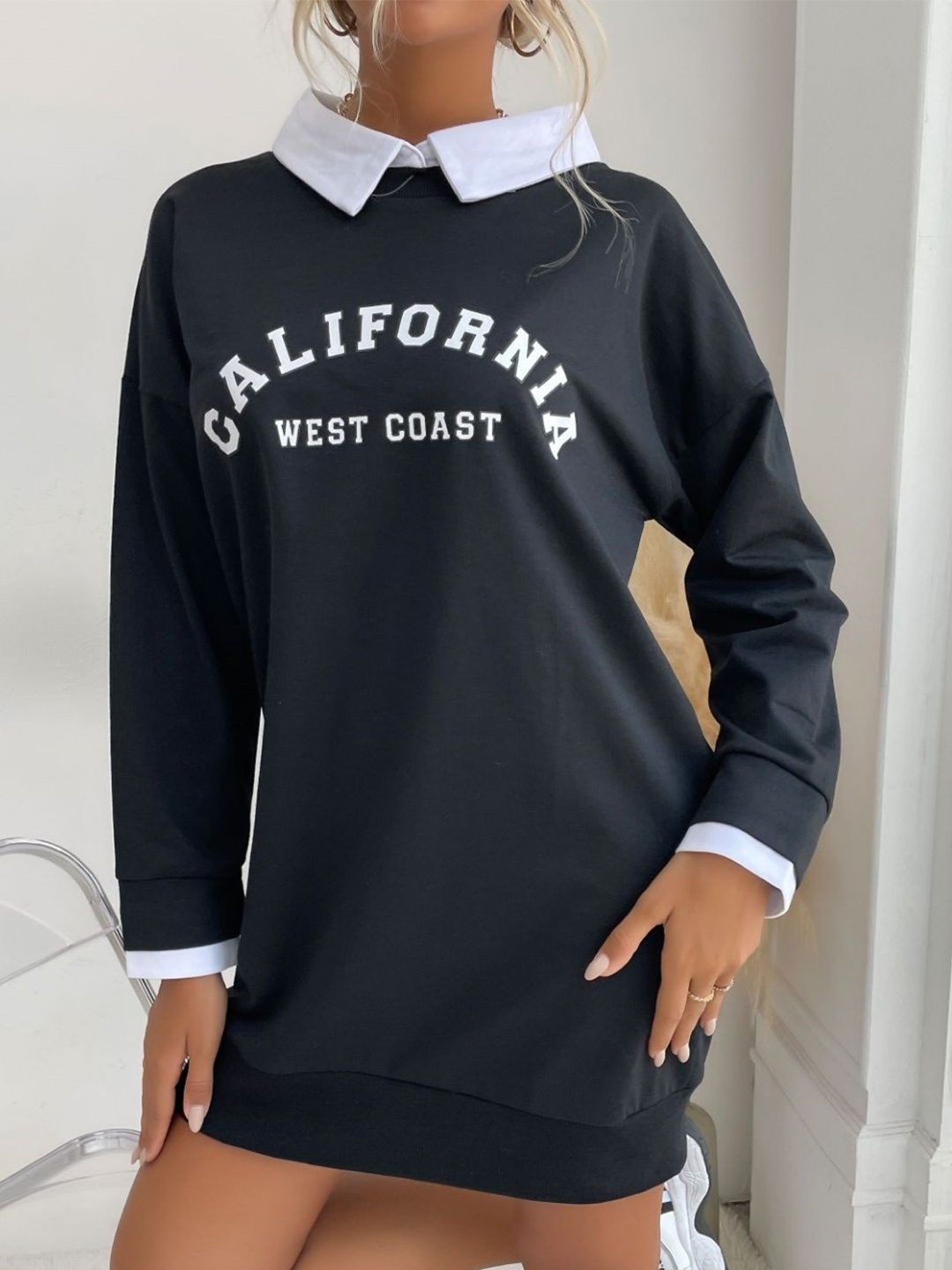

KPOP Women Typography Printed Shirt Collar Pullover Sweatshirt, Black