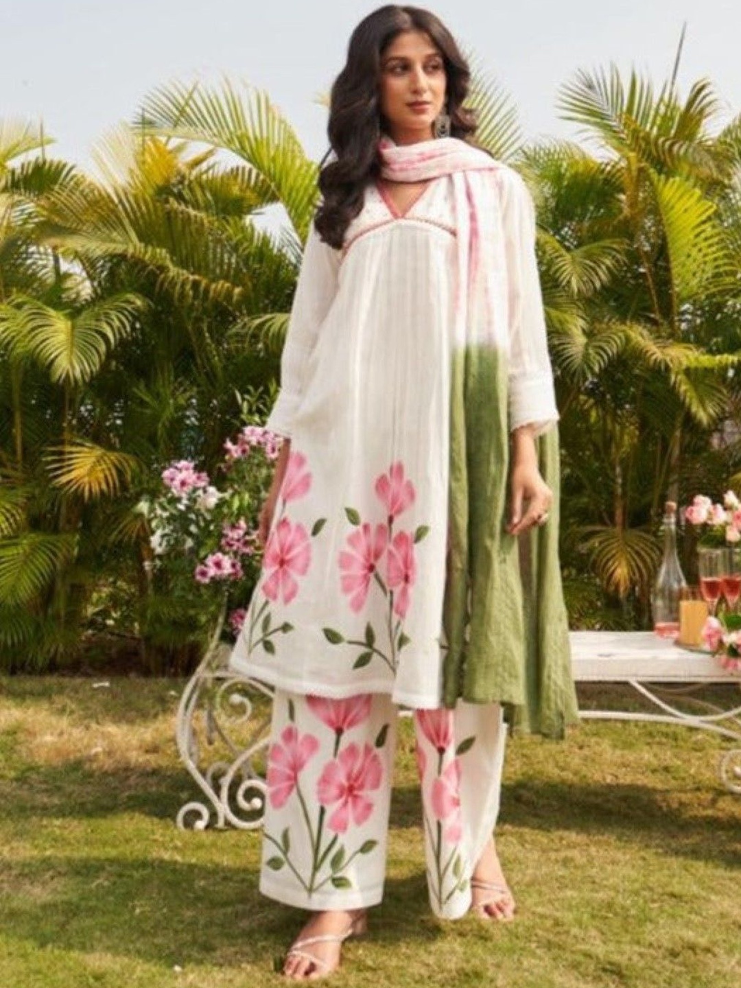 

AUTUMN LANE Floral Printed V-Neck Thread Work Pure Cotton Kurta with Palazzo & Dupatta, White