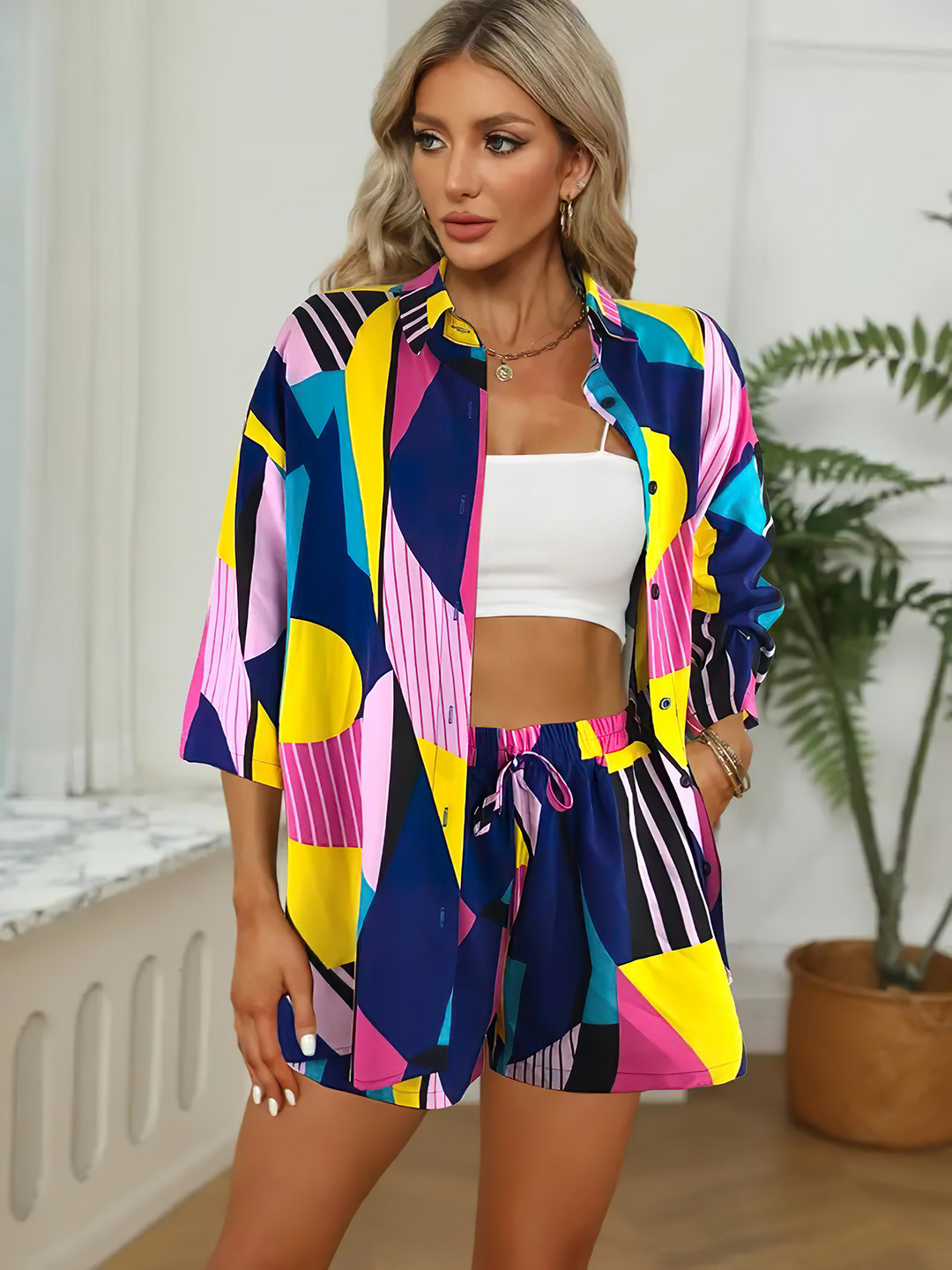

ZWERLON Geometric Printed Three-Quarter Sleeves Shirt With Shorts, Blue