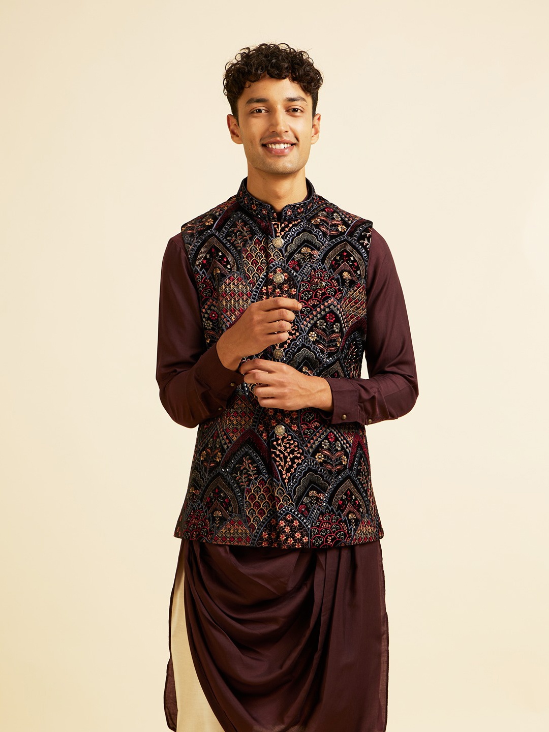 

Manyavar Men Embroidered Woven Nehru Jacket, Black