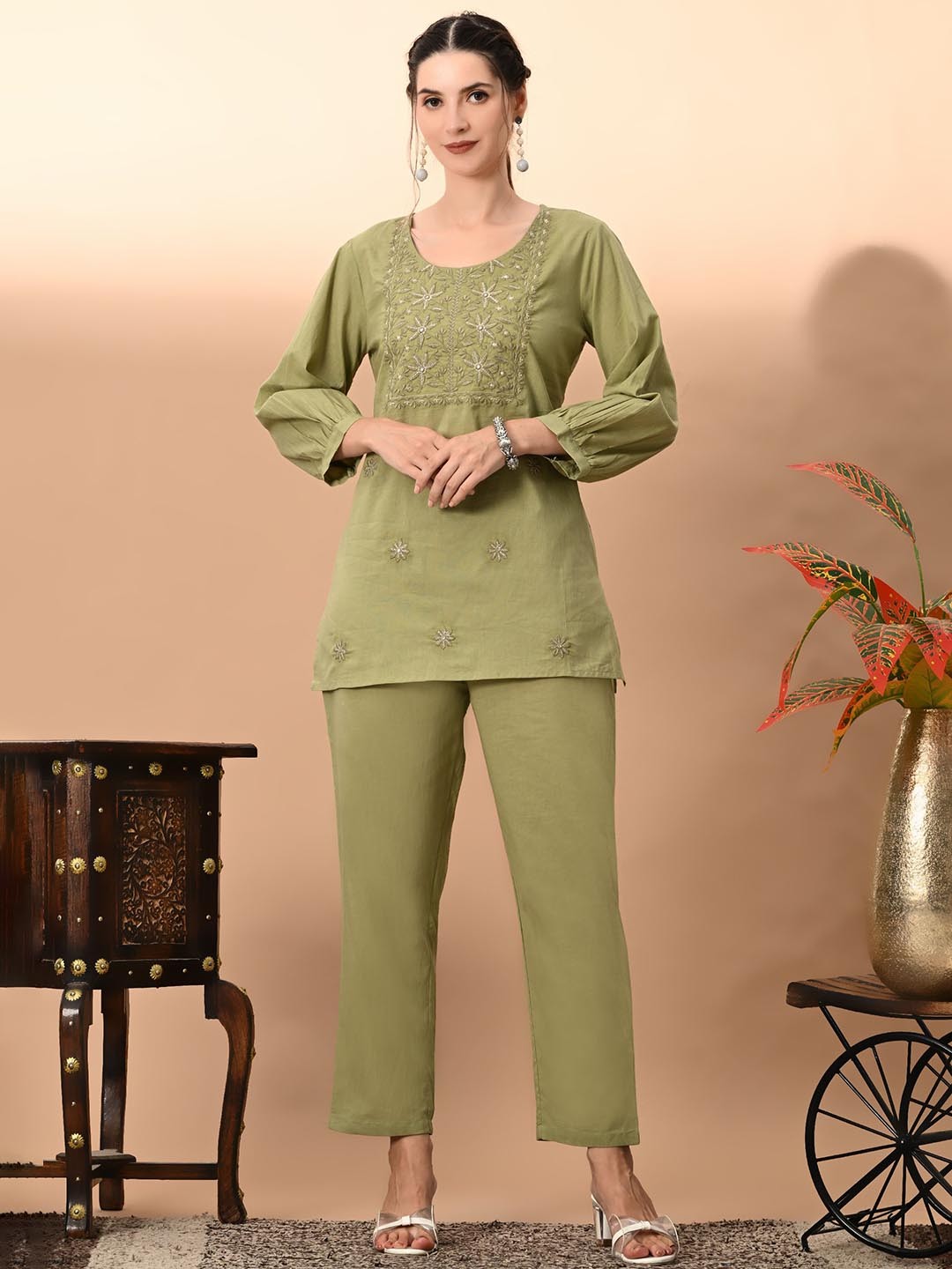 

DHROOV TARA Pure Cotton Top with Trousers, Green