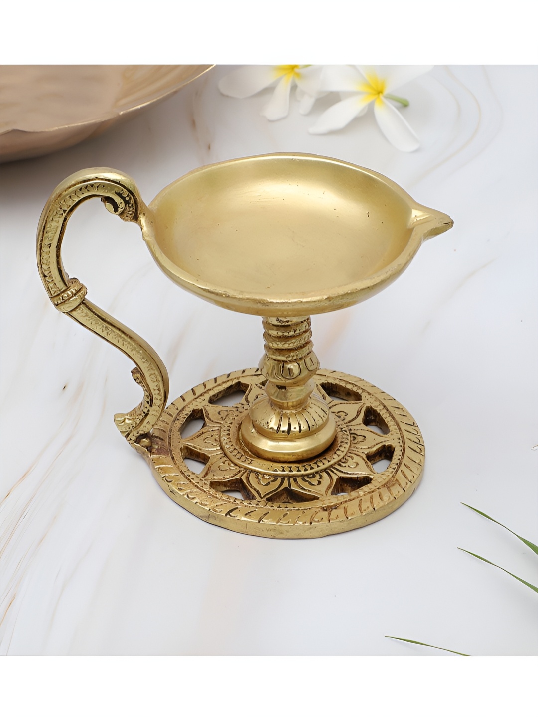 

Two Moustaches Brass Aarti Diya with Handle, Gold