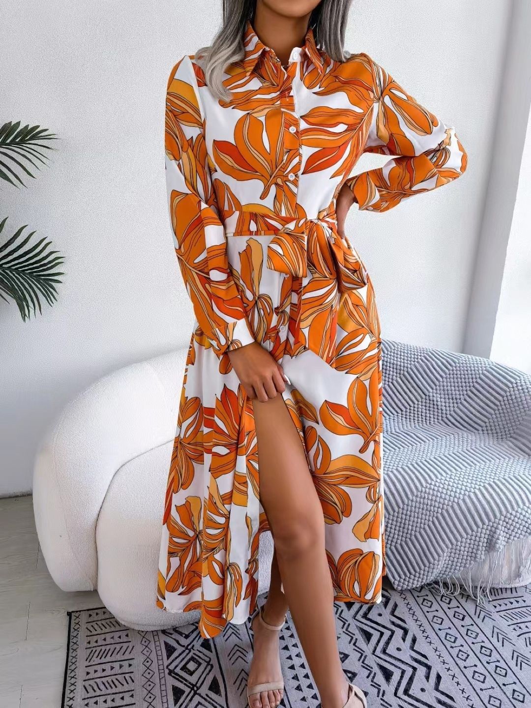 

KPOP Floral Printed Shirt Collar A-Line Midi Dress, Orange