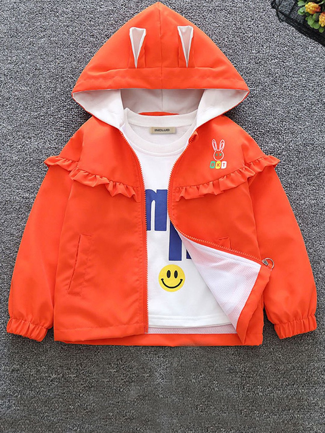 

INCLUD Girls Printed Hooded Open Front Jacket, Orange