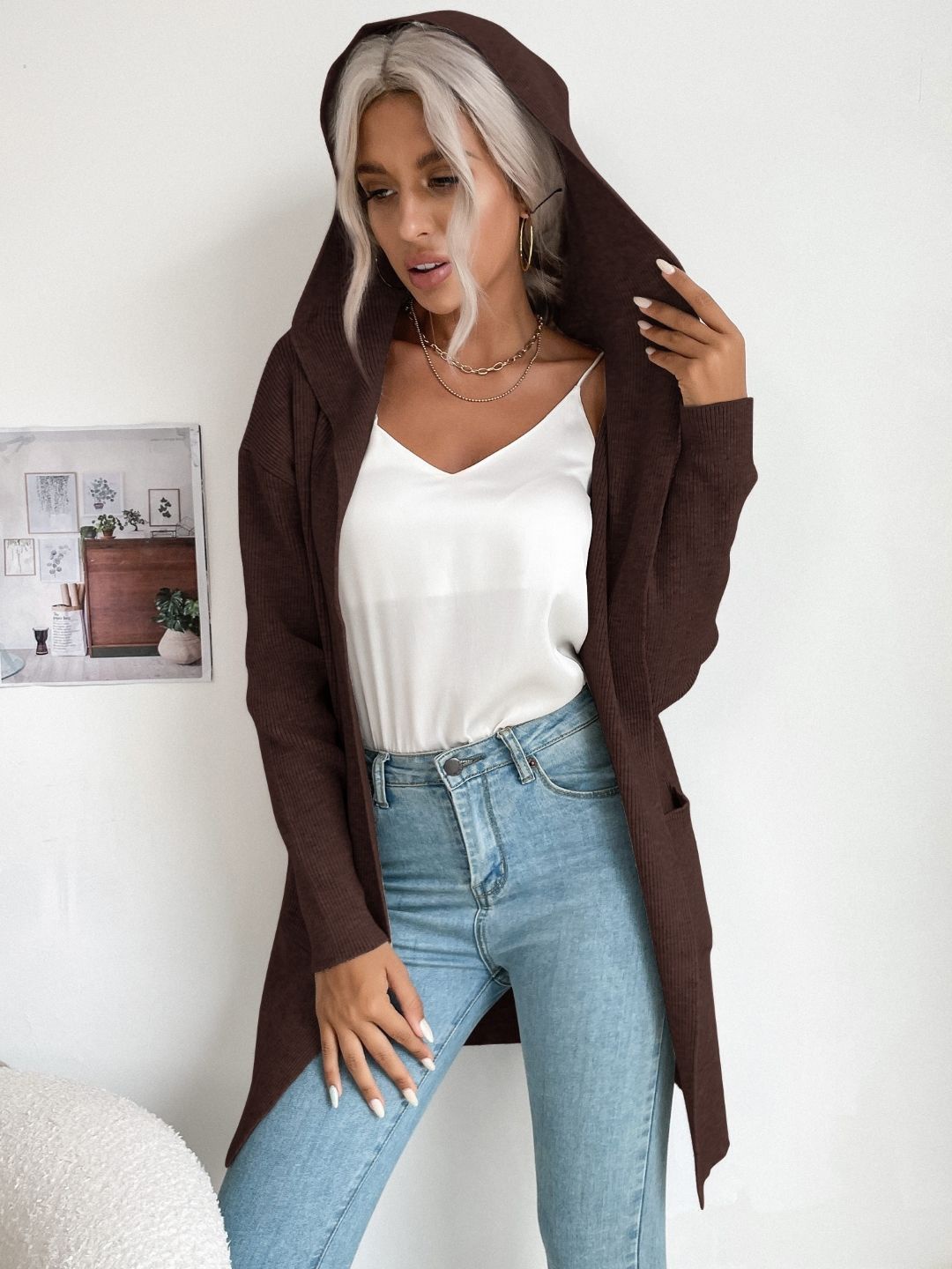 

KPOP Women Hooded Front-Open Longline Cardigan, Brown