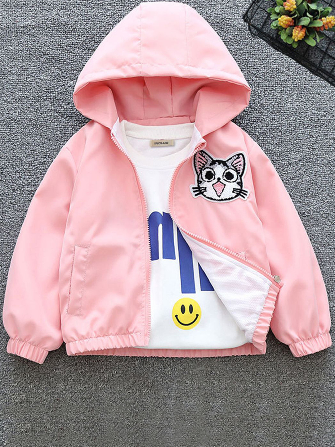 

INCLUD Girls Embroidered Hooded Open Front Jacket, Pink