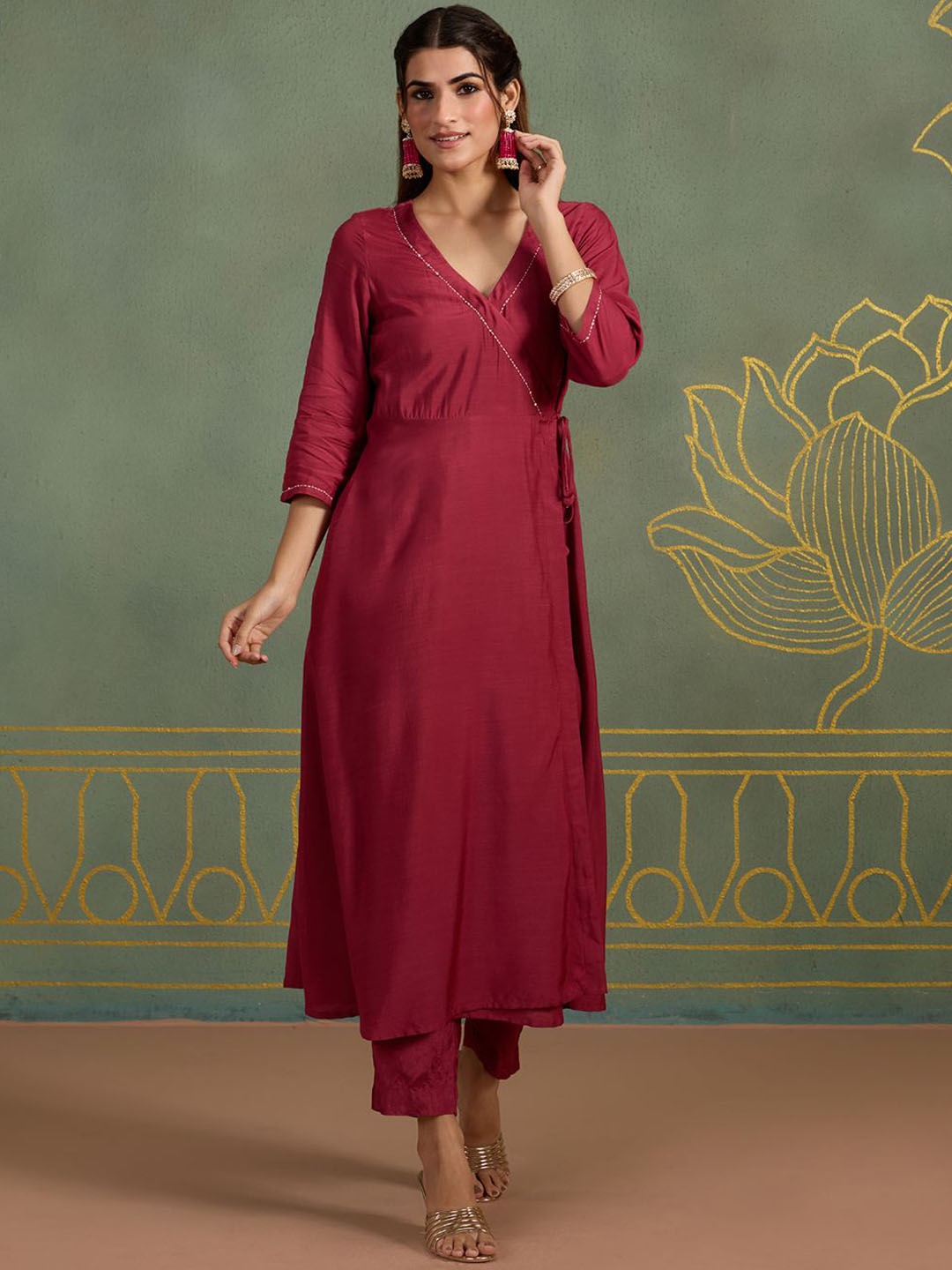 

Likha V-Neck Angrakha A-Line Kurta with Trousers, Pink