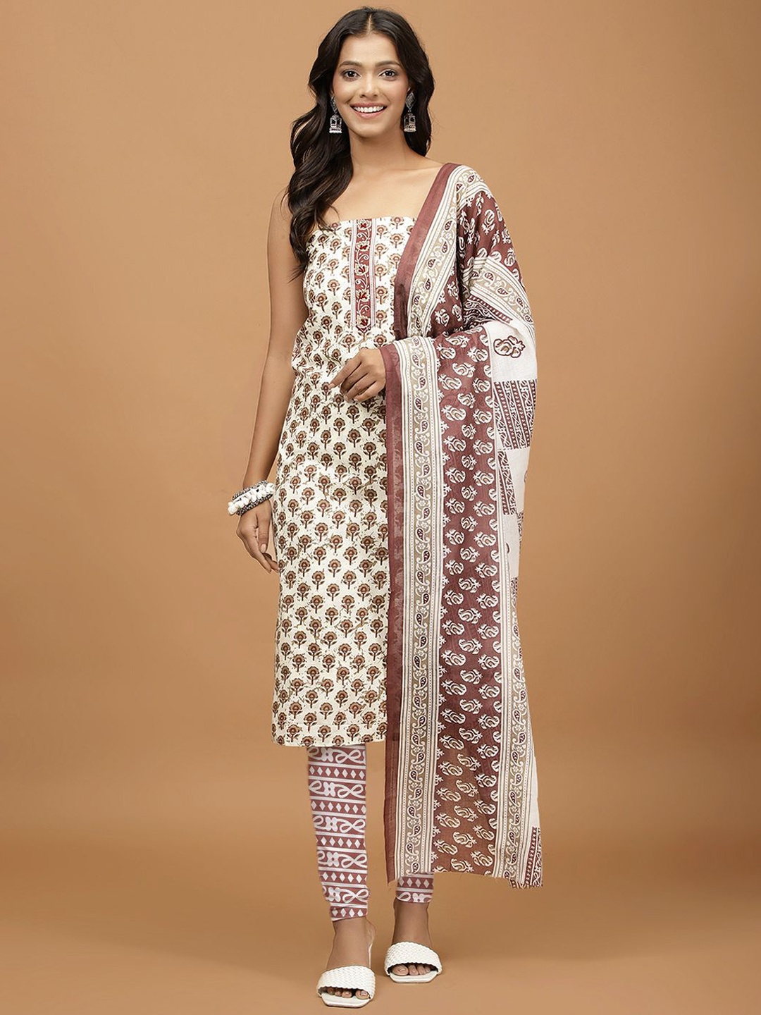 

Meena Bazaar Ethnic Motifs Printed Unstitched Dress Material, Cream