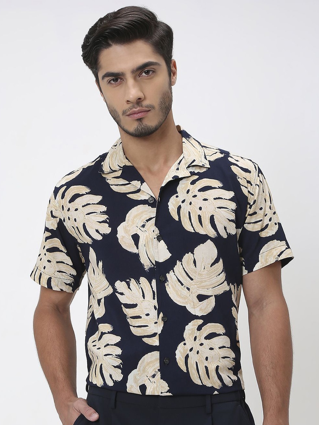 

Mufti Men ss-24 Tropical Printed Casual Shirt, Navy blue