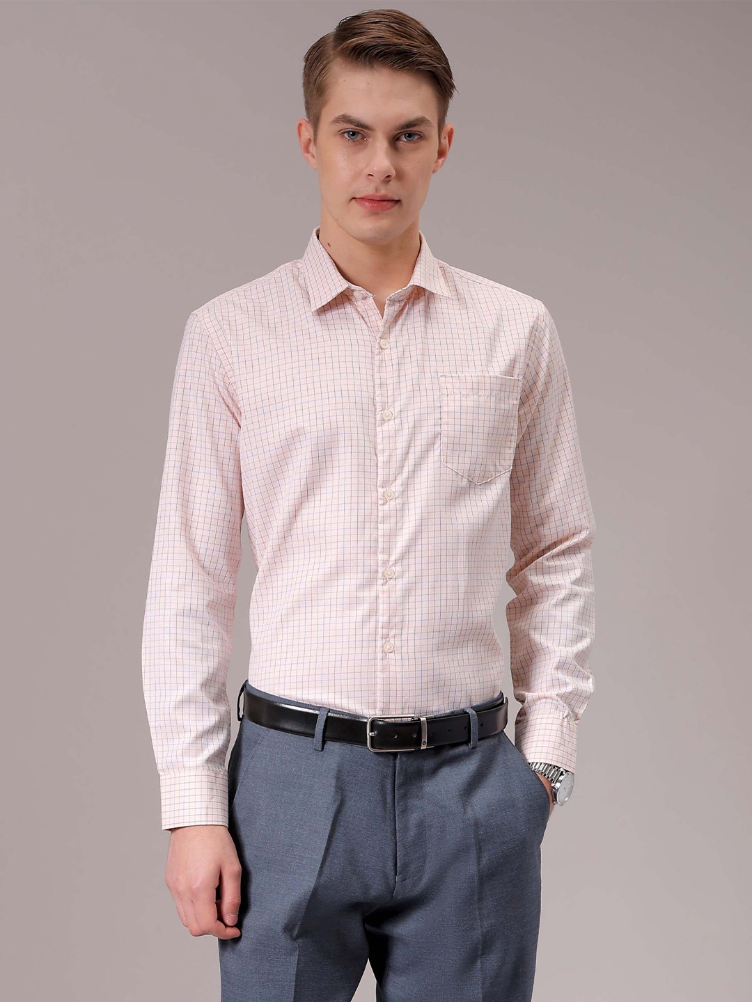 

The Indian Garage Co. X Luxe Men Spread Collar Micro Checked Slim Fit Formal Shirt, Pink