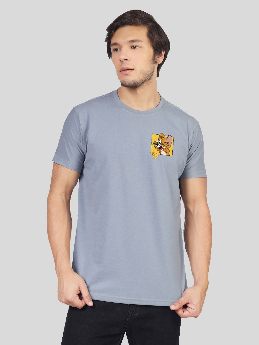 

Greylongg Men Printed Drop-Shoulder Sleeves Applique T-shirt, Grey