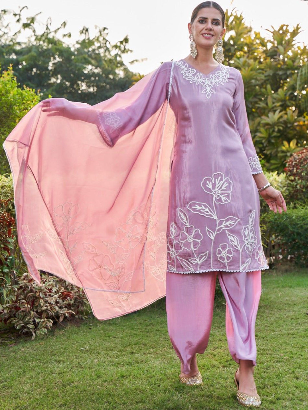 

AUTUMN LANE Varidhi Floral Embroidered Straight Thread Work Kurta with Palazzos & Dupatta, Purple