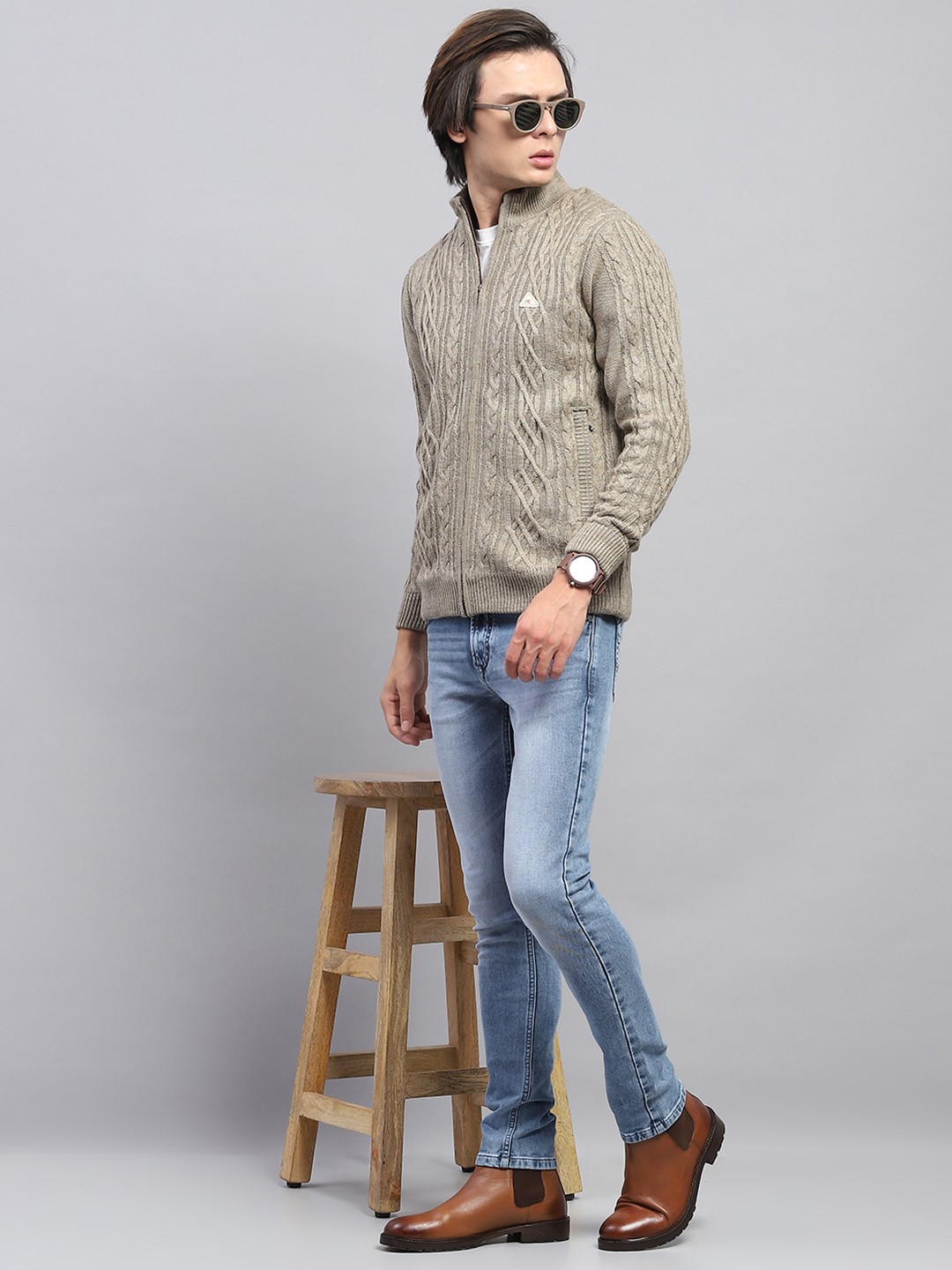 

Monte Carlo Men Self Design Mock Neck Woollen Tailored Jacket, Beige