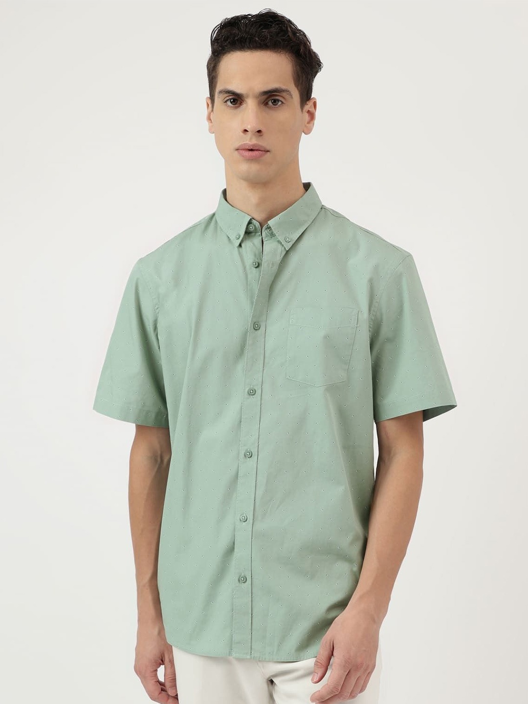 

Marks & Spencer Men Button-Down Collar Solid Cotton Casual Shirt, Green