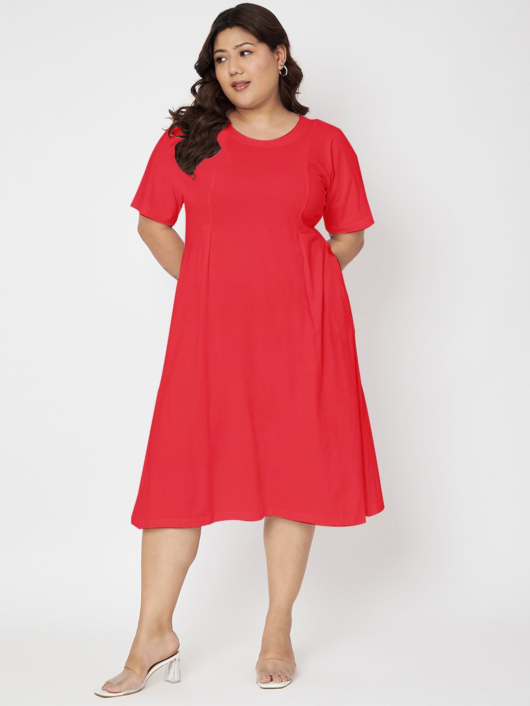 

BRINNS Women Plus Size Fit & Flare Midi Short Sleeves Dress, Red