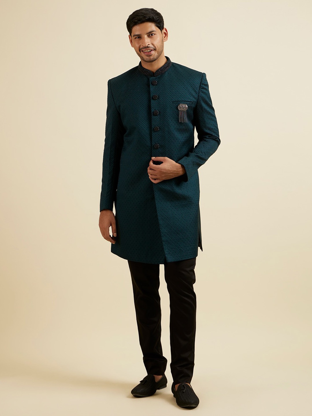 

Manyavar Jaal Patterned Indo Western Sherwani Set, Green