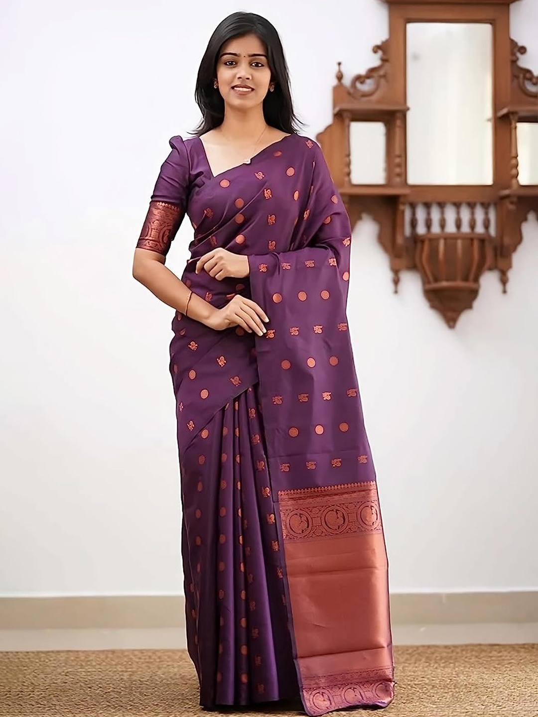

QENY Women Woven Design Zari Banarasi Saree, Purple