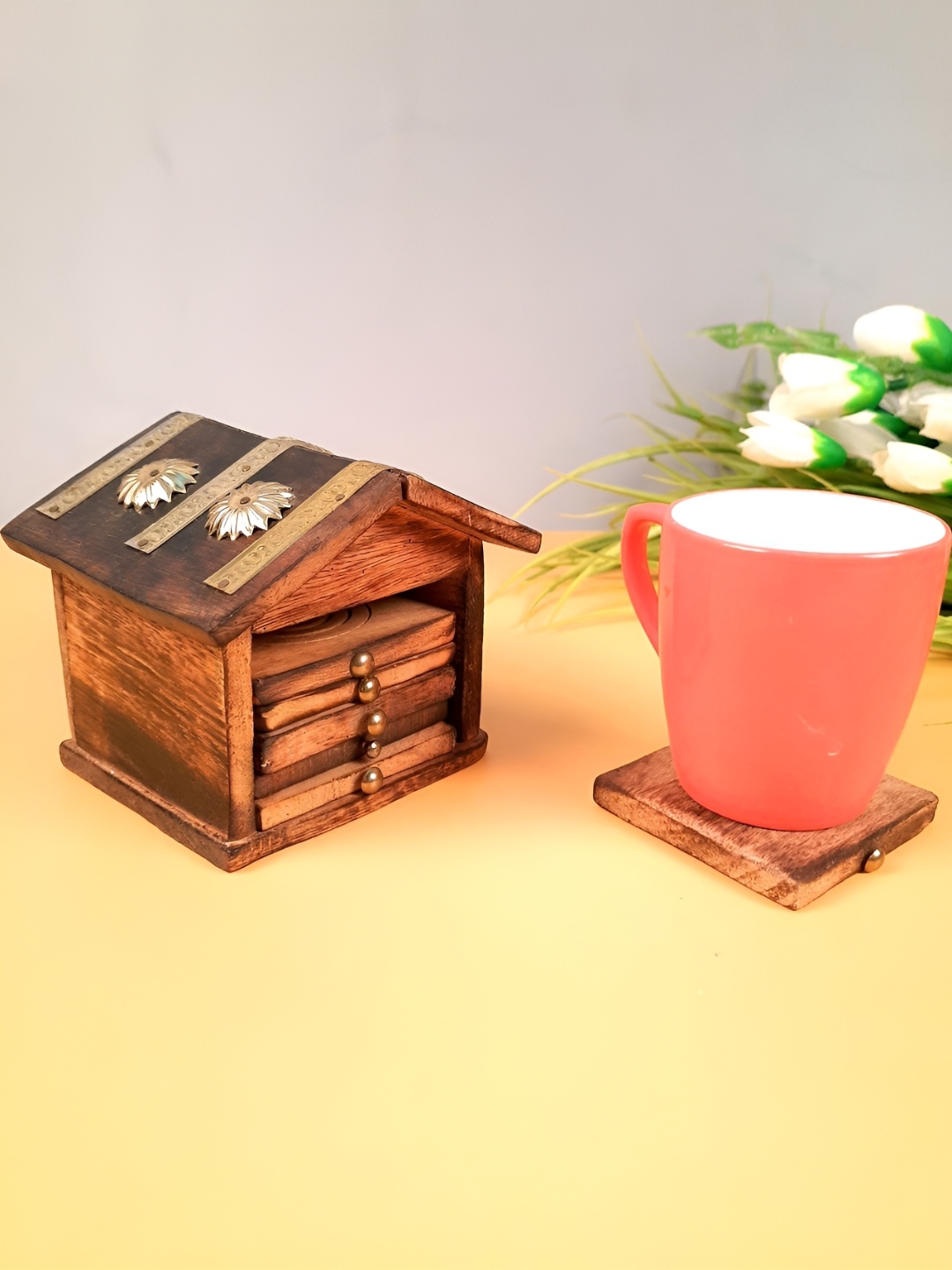 

apka mart 6-Pcs Brown Textured Wooden Coasters With Stand