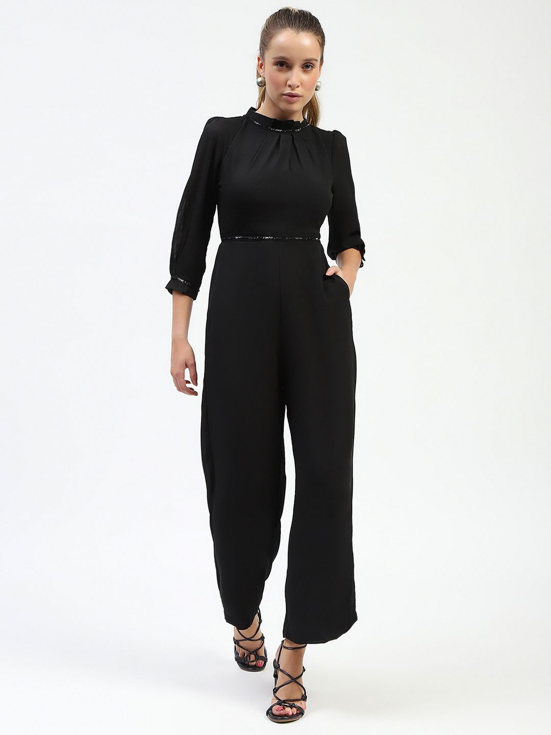 

Madame Women Basic Jumpsuit with Lace Inserts, Black