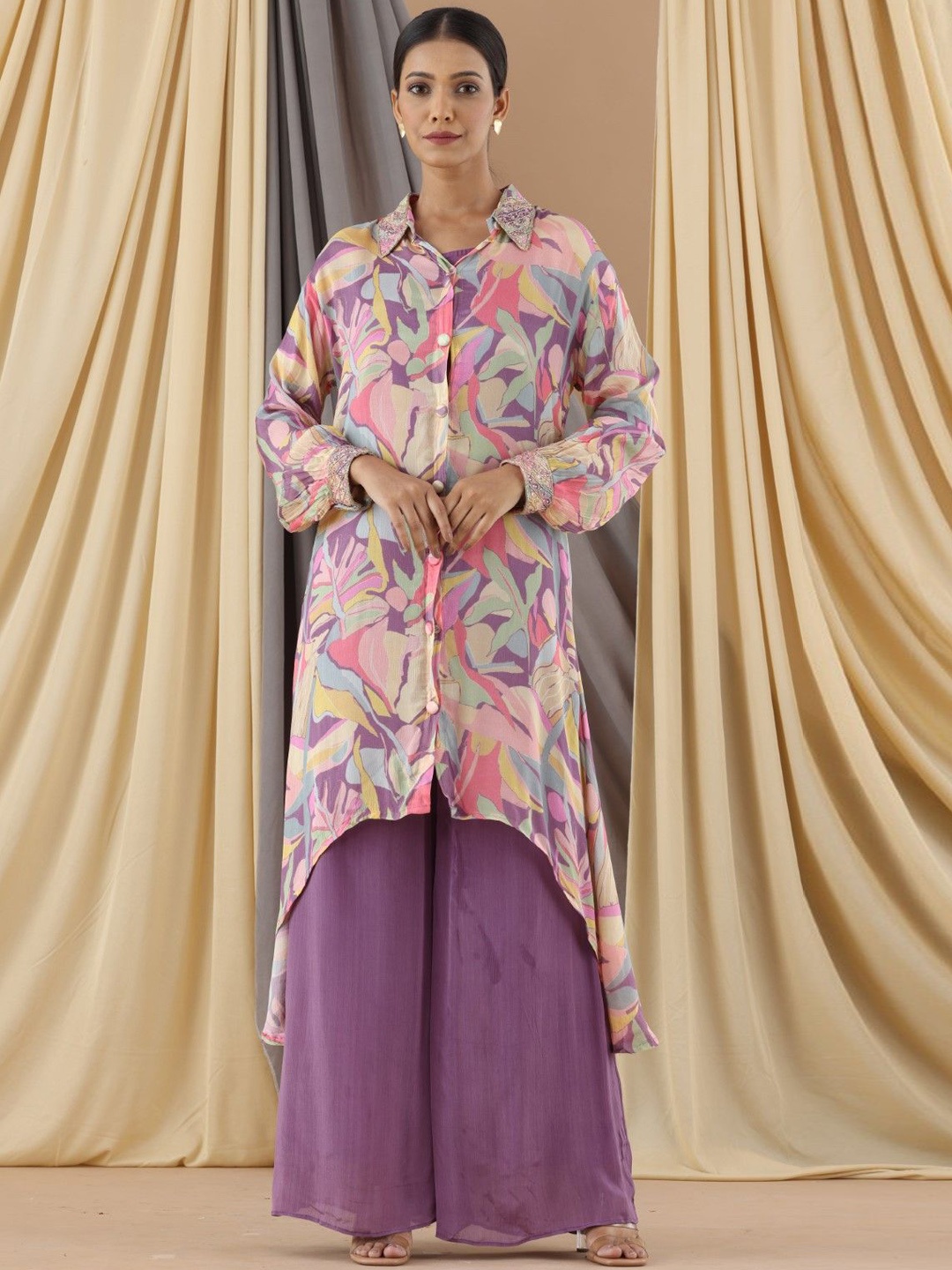

AUTUMN LANE Floral Printed A-Line Kurta with Palazzos, Purple