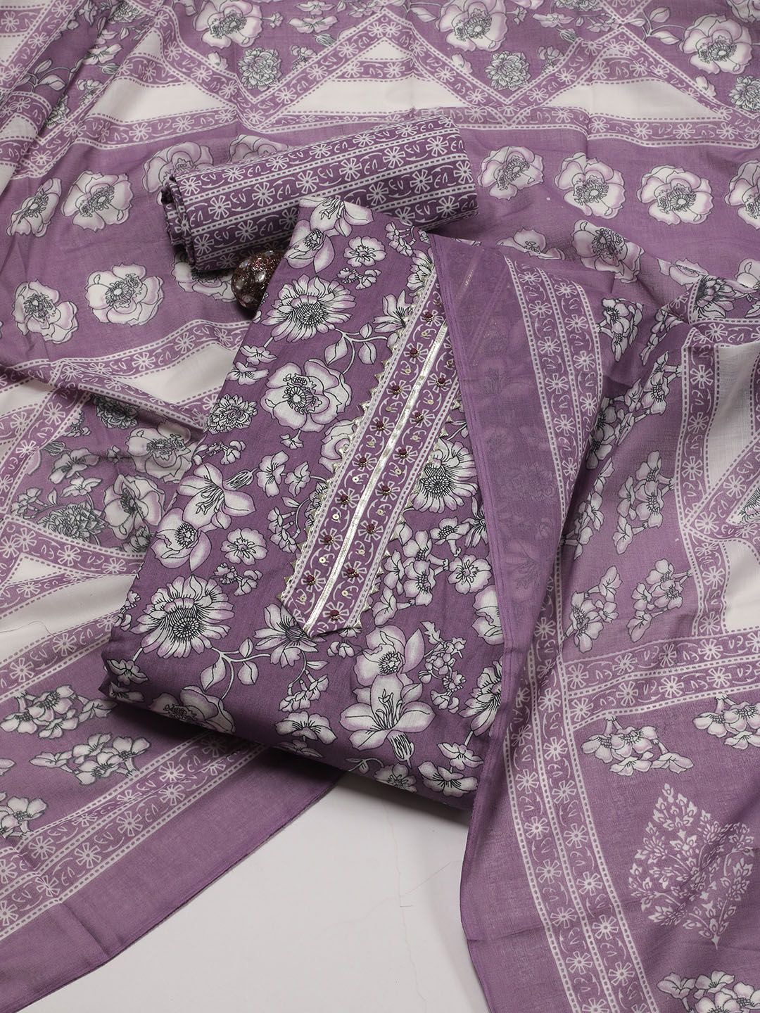 

Meena Bazaar Floral Printed Sequinned Unstitched Dress Material, Purple